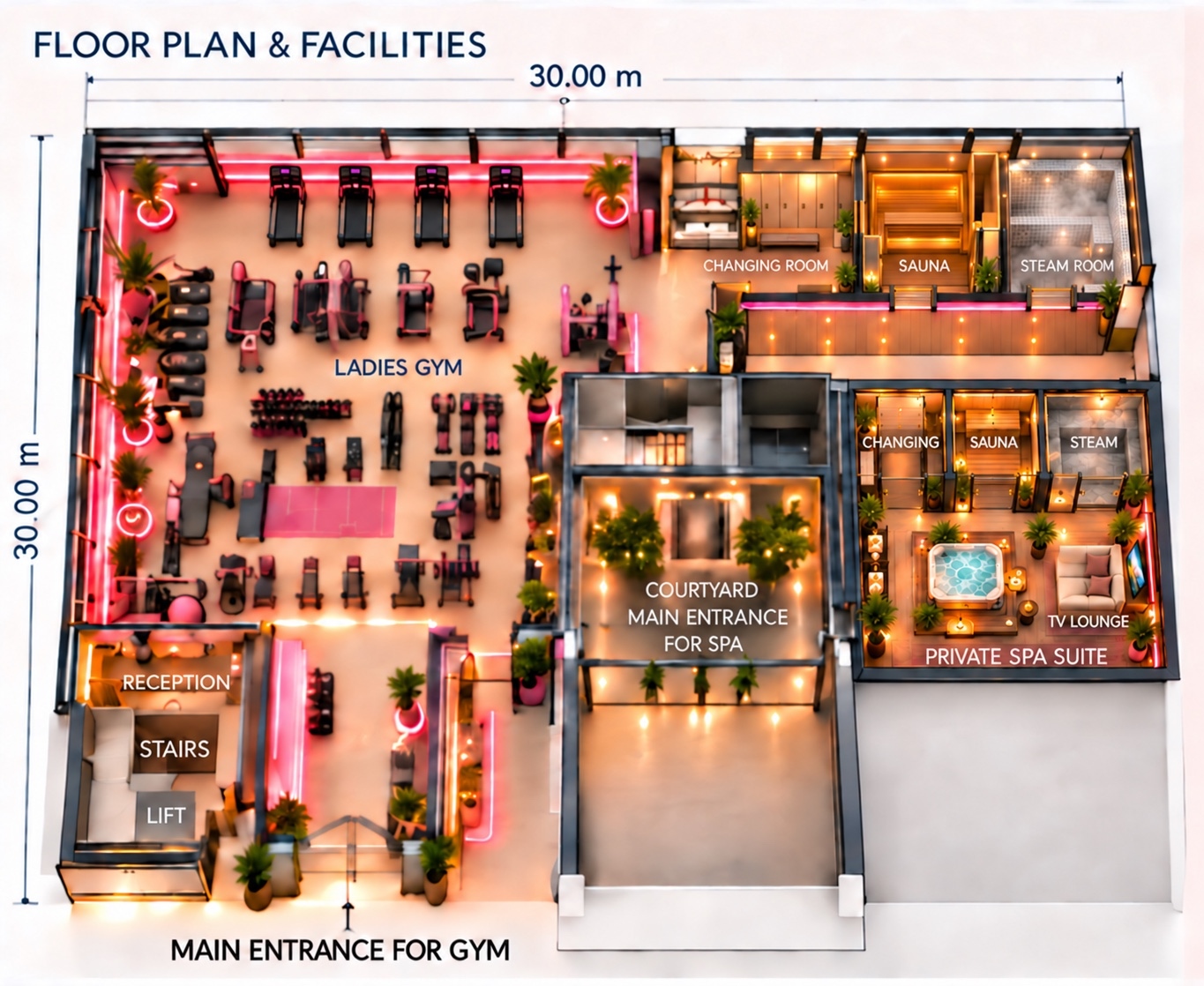 Glam 3D floor plan with a women-only gym, reception, changing rooms, sauna and steam rooms, courtyard entrance and separate jacuzzi spa suite