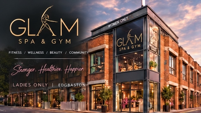 Glam Spa & Gym concept exterior showing a glazed corner entrance and gold signage